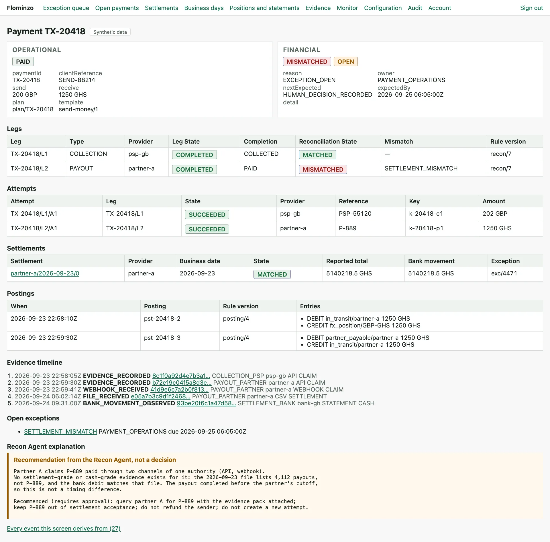 Flominzo console: one payment followed from instruction to evidence